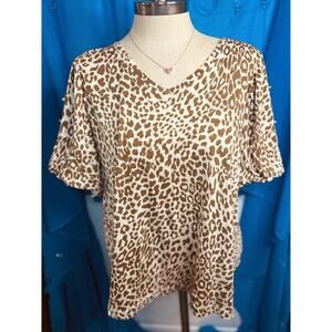 Leopard Print With Pearl Puff Sleeve Plus Top Cato 18/20W